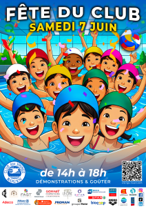 Des enfants aux bonnets de bains de plusieurs couleurs font la fête dans une piscine